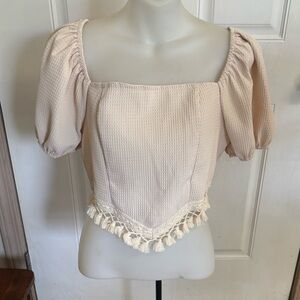 Large Salantia Cream Boho Waffle Puff Short Sleeve Tassels Fringe Cropped Top